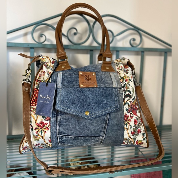 OBSESSED New Spring Floral Trend Denim Myra Bag Jean Tote satchel Frayed purse - Picture 3 of 14